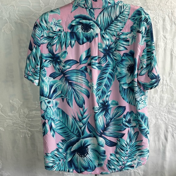 Original Use Tropical Floral Rayon Shirt Pink & Teal Summer Resort Button Up - Picture 11 of 15